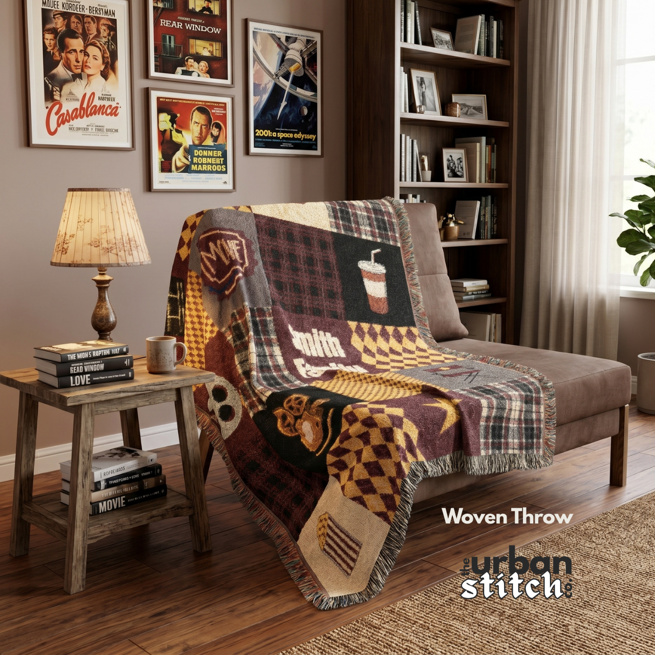 Personalized Cinema Patchwork Woven Blanket | Movie Reel, Popcorn, Tickets, Soda