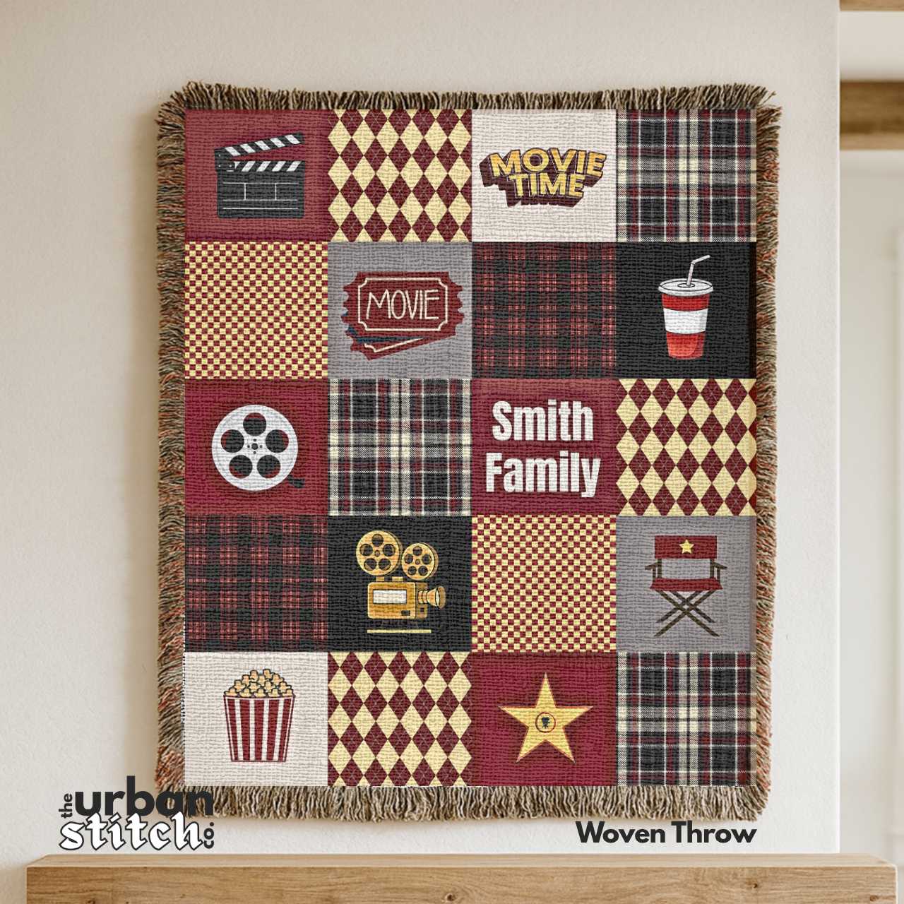Personalized Cinema Patchwork Woven Blanket | Movie Reel, Popcorn, Tickets, Soda
